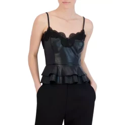 BCBGMAXAZRIA Faux Leather Peplum Top Black