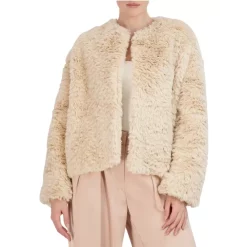 BCBGMAXAZRIA Faux Fur Collarless Jacket Tan